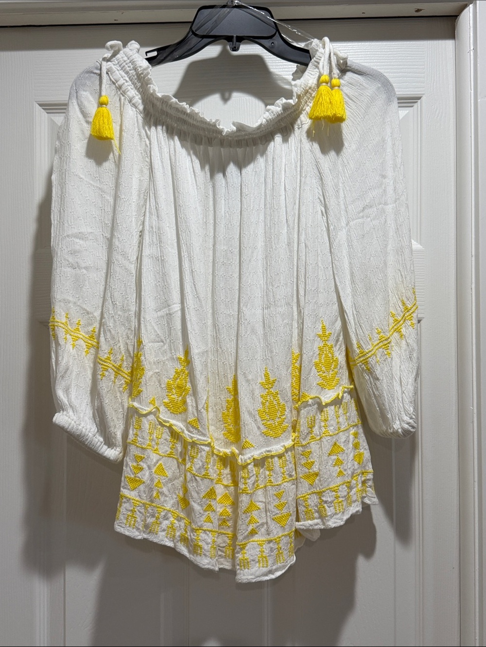 INC International Concepts White Tunic with Yellow Embroidery and Tassels